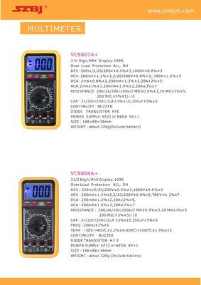 200mV 6F22 Portable Digital Multimeter , Smart Electrician Digital Multimeter